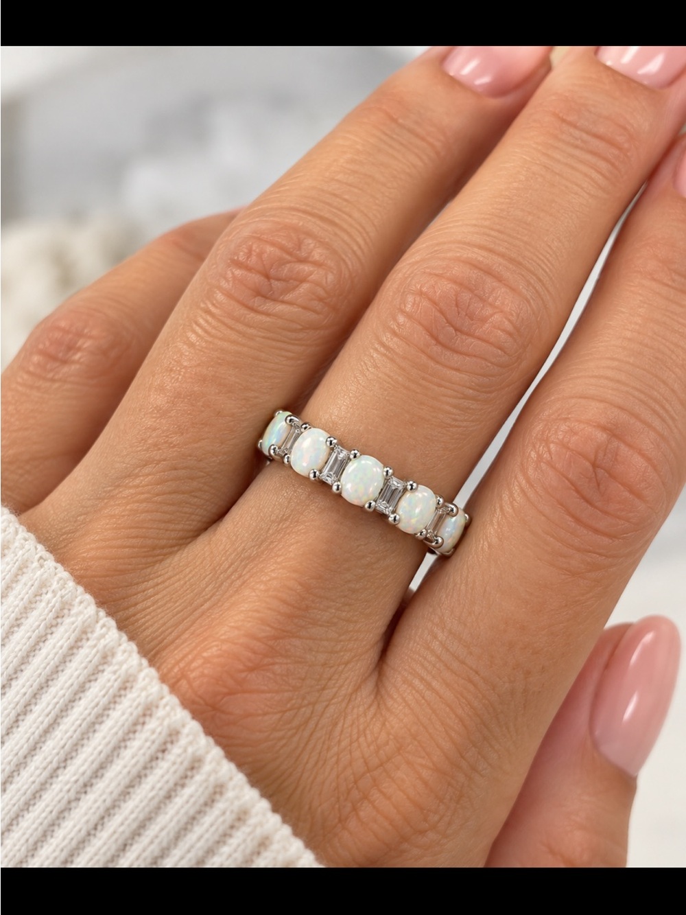 Opal and Silver Multi-Stone Eternity Band Ring lab grown White Opal Sterling NWT